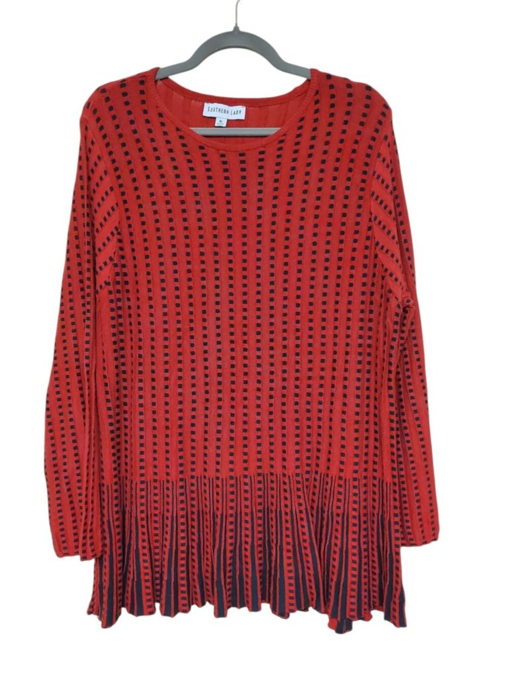 Southern Lady Womens Red Black Mixed Dot Print Long Sleeve Pleated Knit Tunic XL